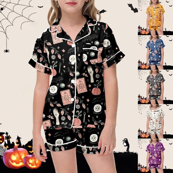 Shadoumai Halloween Two Piece Outfit Toddler Kids Girls Short Sleeve Casual Printed Top Shorts Loose Cut Breathable Fabric Daily Play Wear Ages 2–13 Girl Everyday Casual Ensemble