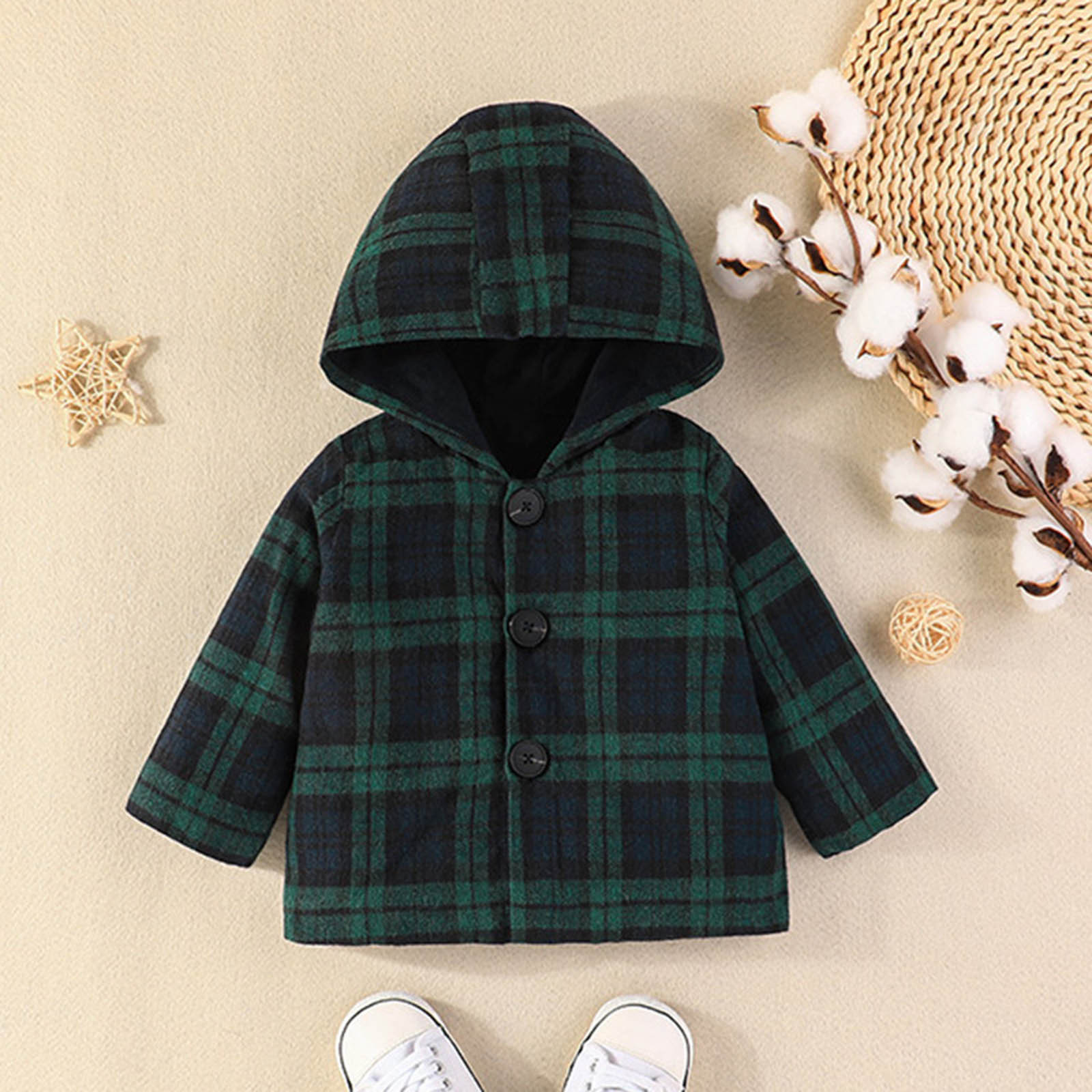 Toddler Fleece Lined Warm Shirt Jacket Autumn Winter Thick Fashion Plaid Long Sleeve Button Belt Hooded Jacket Girls' Casual Hoodie Wool Trench Coat - image 2 of 8