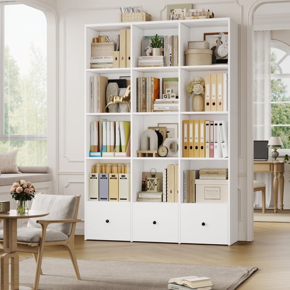 Hiphuta Triple Row 4-Tier Bookcase with 12 Cubes, 69" Tall Large Bookcase with 3 Drawers, for Office Living Room, White