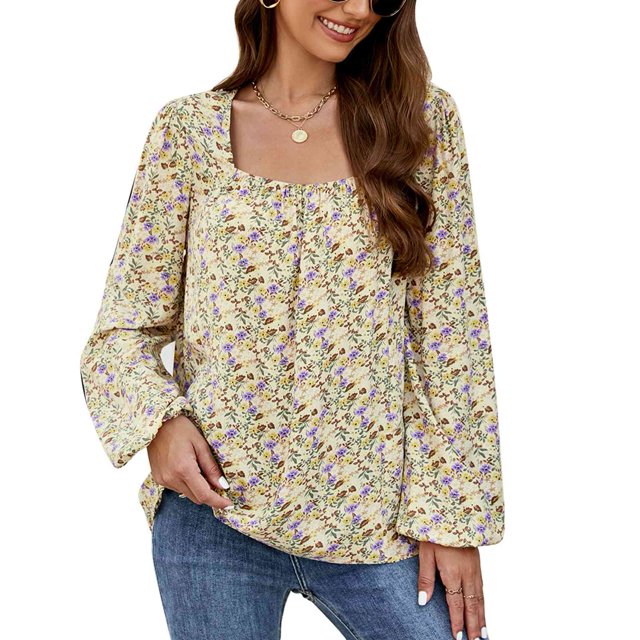 Mujer Cuello Cuadrado Estampado Floral Tops Moda Elegante Dobladillo Suelto Manga Larga Puff Camisa Blusa para Trabajo Albaricoque XL