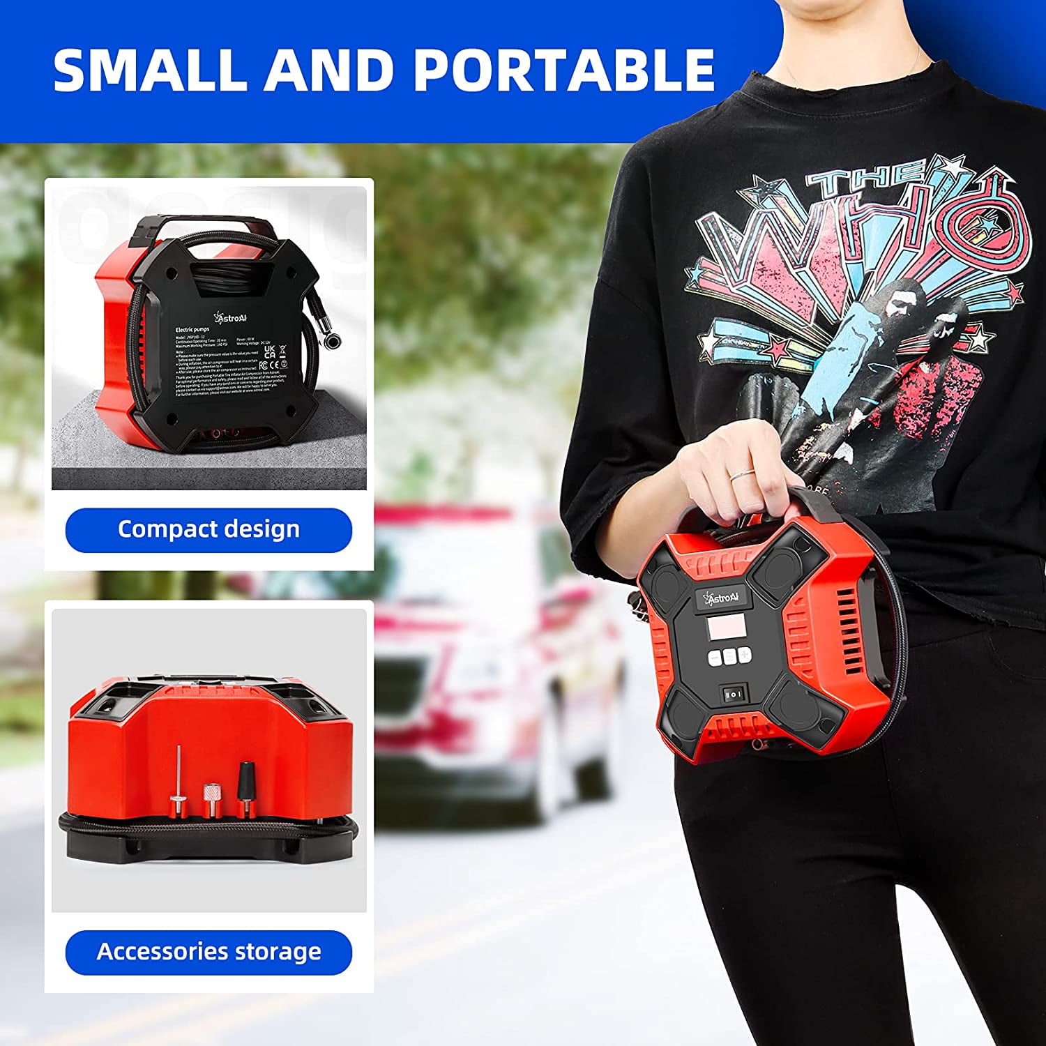 Car Air Compressor, Tire Inflator 160 PSI Portable for Tires, Red