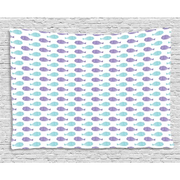 Fish Tapestry, Watercolor Style Underwater Nature Theme with Continuous Fish Shapes, Wall Hanging for Bedroom Living Room Dorm Decor, 60W X 40L Inches, Turquoise Violet and White, by Ambesonne