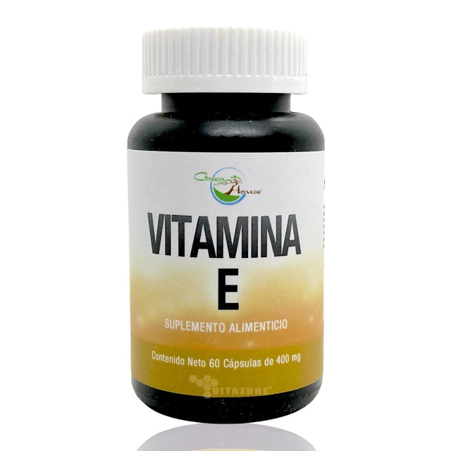 vitamina e 400 ui 60 cápsulas de softgel green house green house grhvitaminae Frasco frontal centrado con etiqueta blanca y degradado amarillo que muestra “VITAMINA E”, tapa blanca de rosca y envase oscuro; suplemento vitamínico en cápsulas blandas, contenido neto 60 cápsulas de 400 mg; fondo blanco.