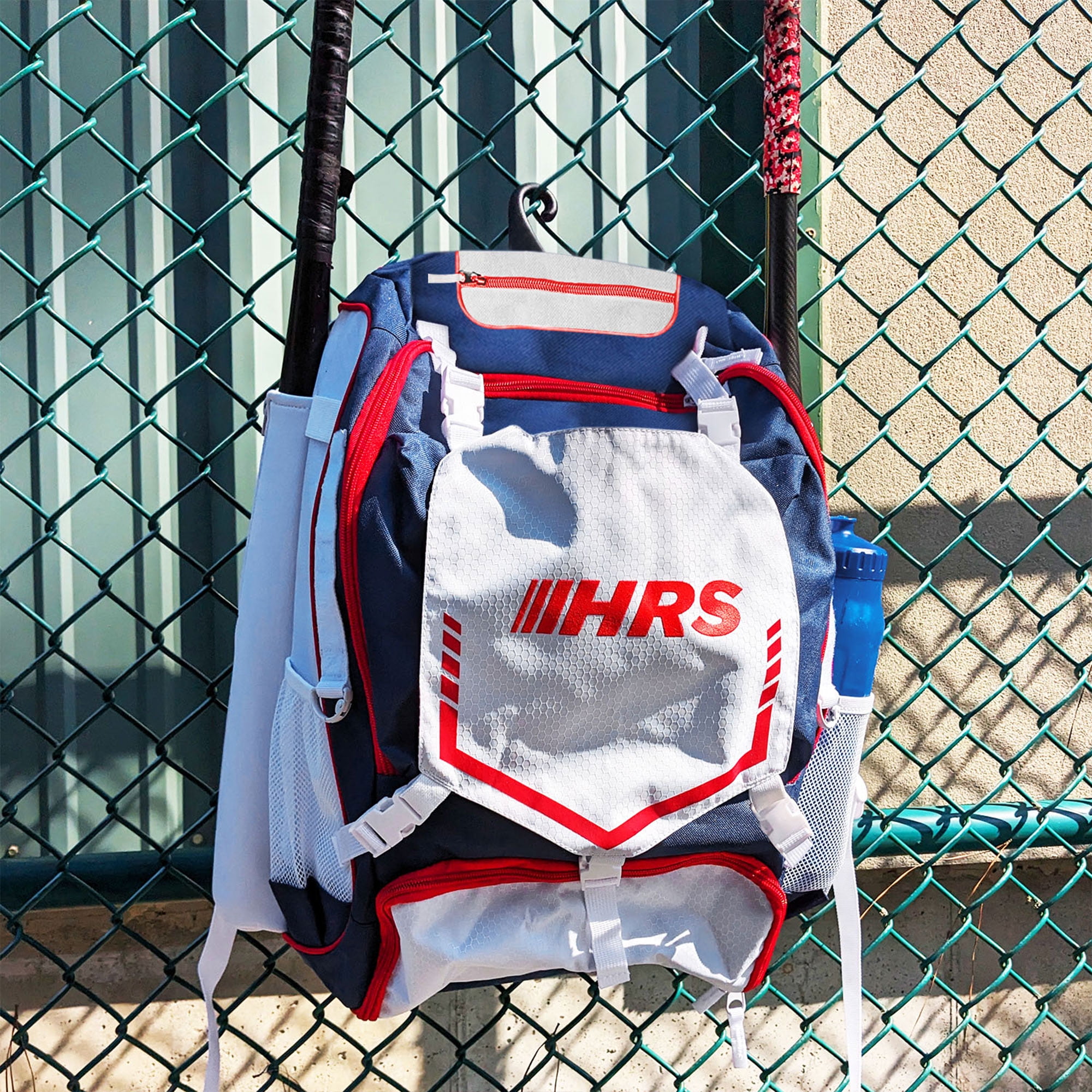 Hit Run Steal Bat Bag Backpack Holds 4 Bats, Glove & Helmet, Red/White/Blue