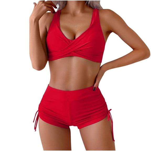 Bikini with Shorts for Women - Two Piece Twist Swimsuit with Boyshorts 2PC High Waist Side Drawstring Bathing Suit Swimwear