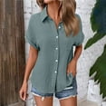 thumbnail image 2 of Shirts for Women Lapel Button Down Solid Color Short Sleeve Summer Loose Comfy Blouse Tops with Pocket Navy M, 2 of 7