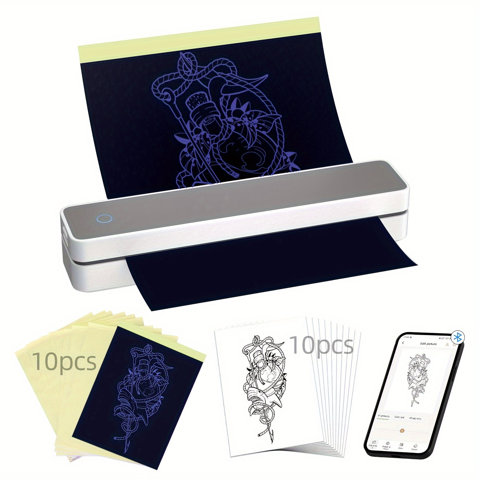 K200 Wireless Thermal Tattoo Printer Tattoo Transfer Printer Mini Portable Thermal Tattoo Stencil Printer with 10pcs Tattoo Transfer Paper 10pcs A4 Paper