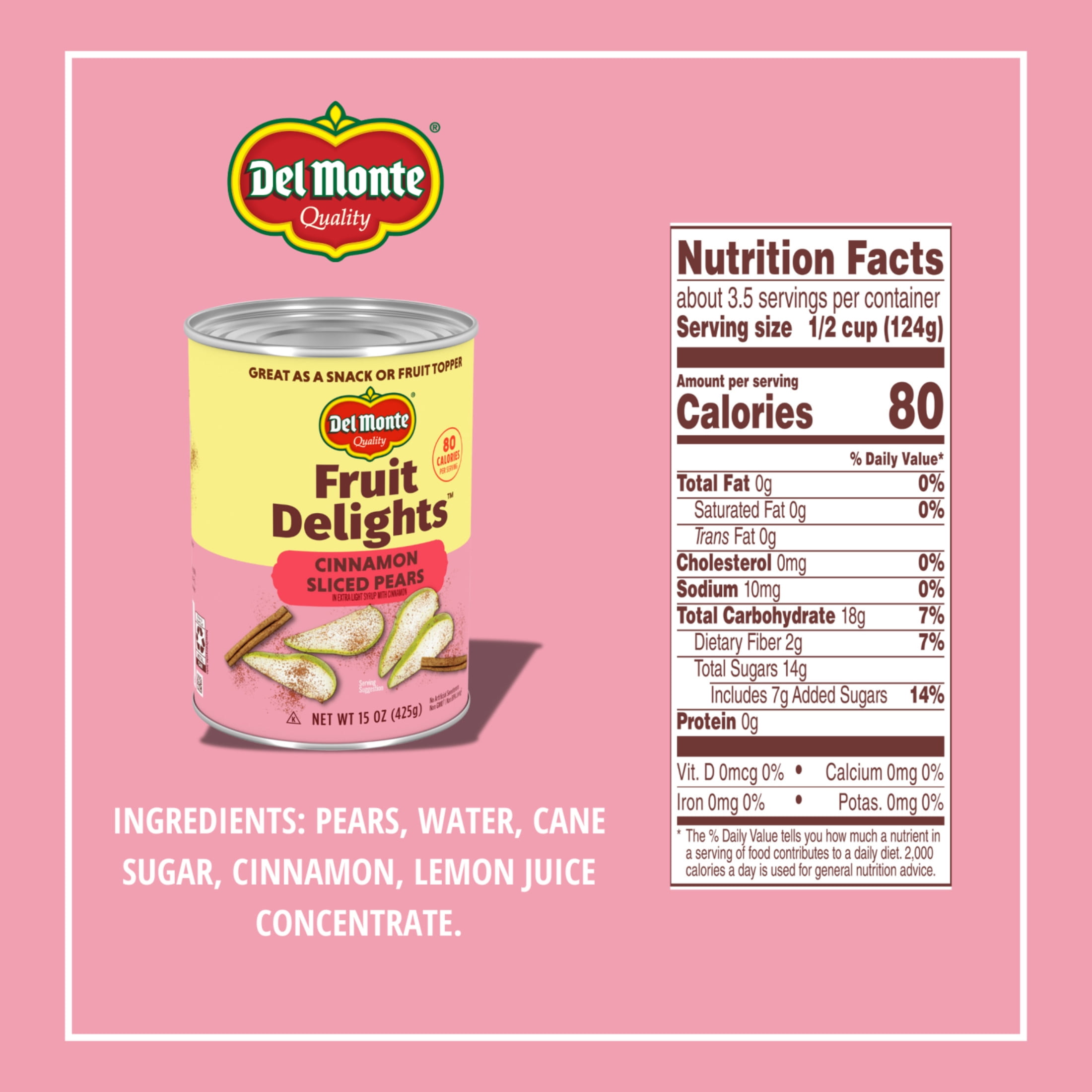 (12 pack) Del Monte® Fruit Delights Sliced Pears with Cinnamon in Extra Light Syrup, 15 oz. Can