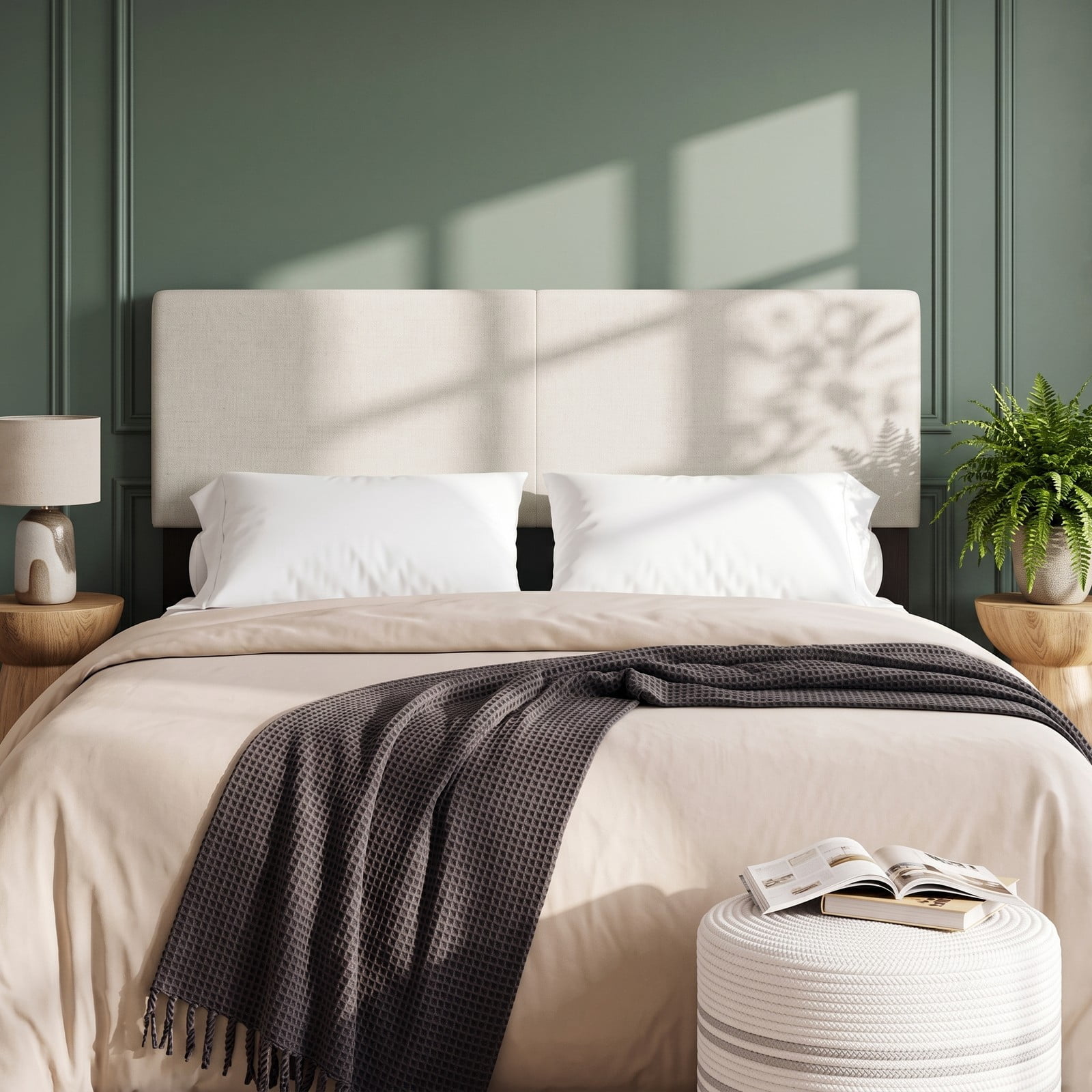 Furnibear Upholstered Headboard for Queen and Full Size Beds, Faux Linen Fabric Panel with Adjustable Mounting Legs, Beige