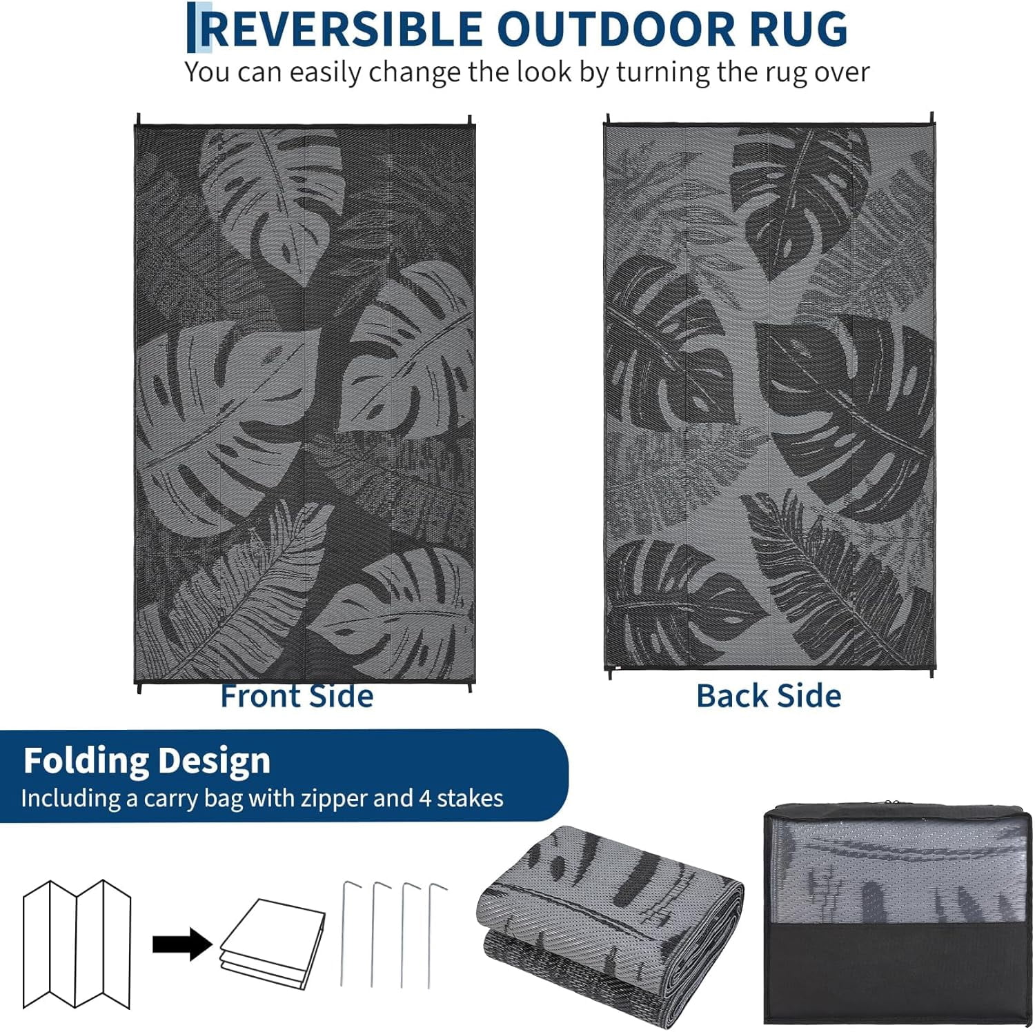Funslane Outdoor Rug 8' x 10', Waterproof Plastic Straw Mat, Foldable & Reversible, Indoor Outdoor Rugs for Patio, Deck, RV, Beach, Picnic, Black/Gray