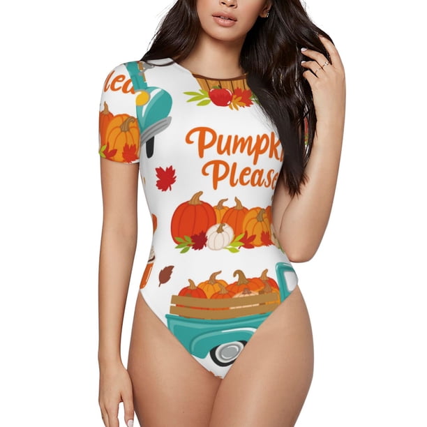 Balery Fall Pumpkins Body de cuello redondo de manga corta para mujer Tops de manga corta Tops básicos-X-Large