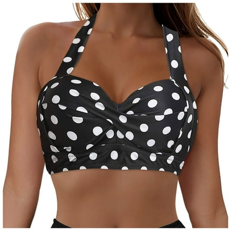 Wxirdiow Women s Vintage 50s Halter Neck Tie Knot Back Soft Molded Padding Bikini Top Swimsuit Bathing Suit Tops Only (Beige  S)