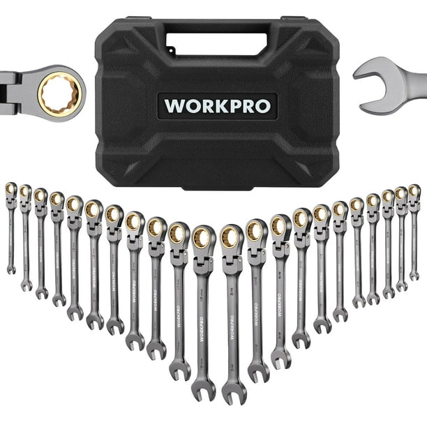 Juego de llaves de trinquete WORKPRO, 22 piezas, cabeza flexible, 6-18 mm y 1/4-3/4