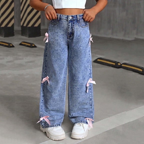 FAIOROI Girls' Blue Denim Jeans - Cotton, Wide-Leg Style with Pink Bows, Breathable Durable for 6-12Y, Size 130-160, Daily/School Outing Wear,Size 10-11T