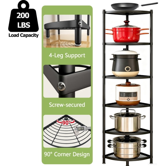 Gomok 6-Tier Detachable Corner Pot Rack, Black Pot and Pan Display Shelf, Cooking Pot Stand for Kitchen