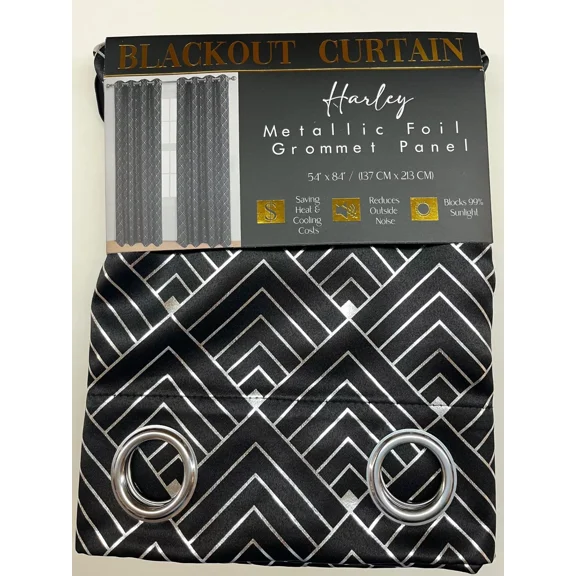 Set of 2, Harley Grommet Top Blackout Curtains with Metallic Foil Geometric Design, 84" Long