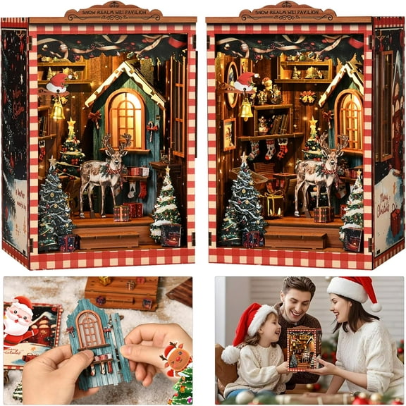 Christmas Book Nook Kit, DIY Miniature Dollhouse Gift Kit, 3D Wooden Puzzle Tiny House Bookshelf with LED Light, Insert Decor Miniature House Christmas Gifts for Teens and Girls