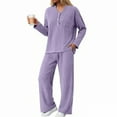thumbnail image 2 of felwors Women 2 Piece Pajamas Sets Long Sleeve Casual Ribbed Lounge Set Fall Pj V Neck Loungewear Outfit Purple, XL, 2 of 8