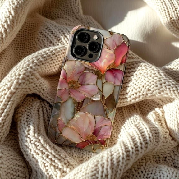 Blush Pink Floral Stained Glass Tough Case with MagSafe - Luxury Flower Design Compatible with iPhone 17, 16, 15, 14, 13
