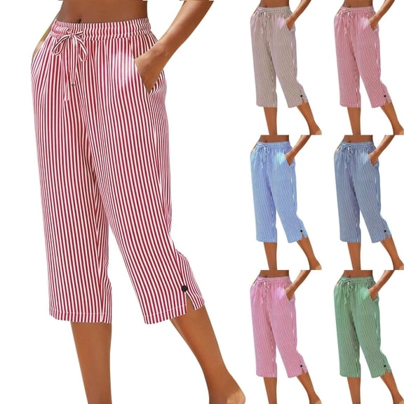 Oksale Womens Striped Capris for Summer Loose Straight Leg Capri Pants with Pockets Trendy Side Slit Drawstring Elastic Waisted Cropped Trousers Red S