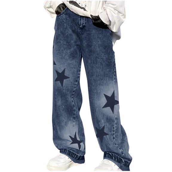 Women Boyfriend Baggy Jeans Star Print Jeans Y2k Plus Size Jean with Pockets High Waist Jean Straight Leg Jean Pants