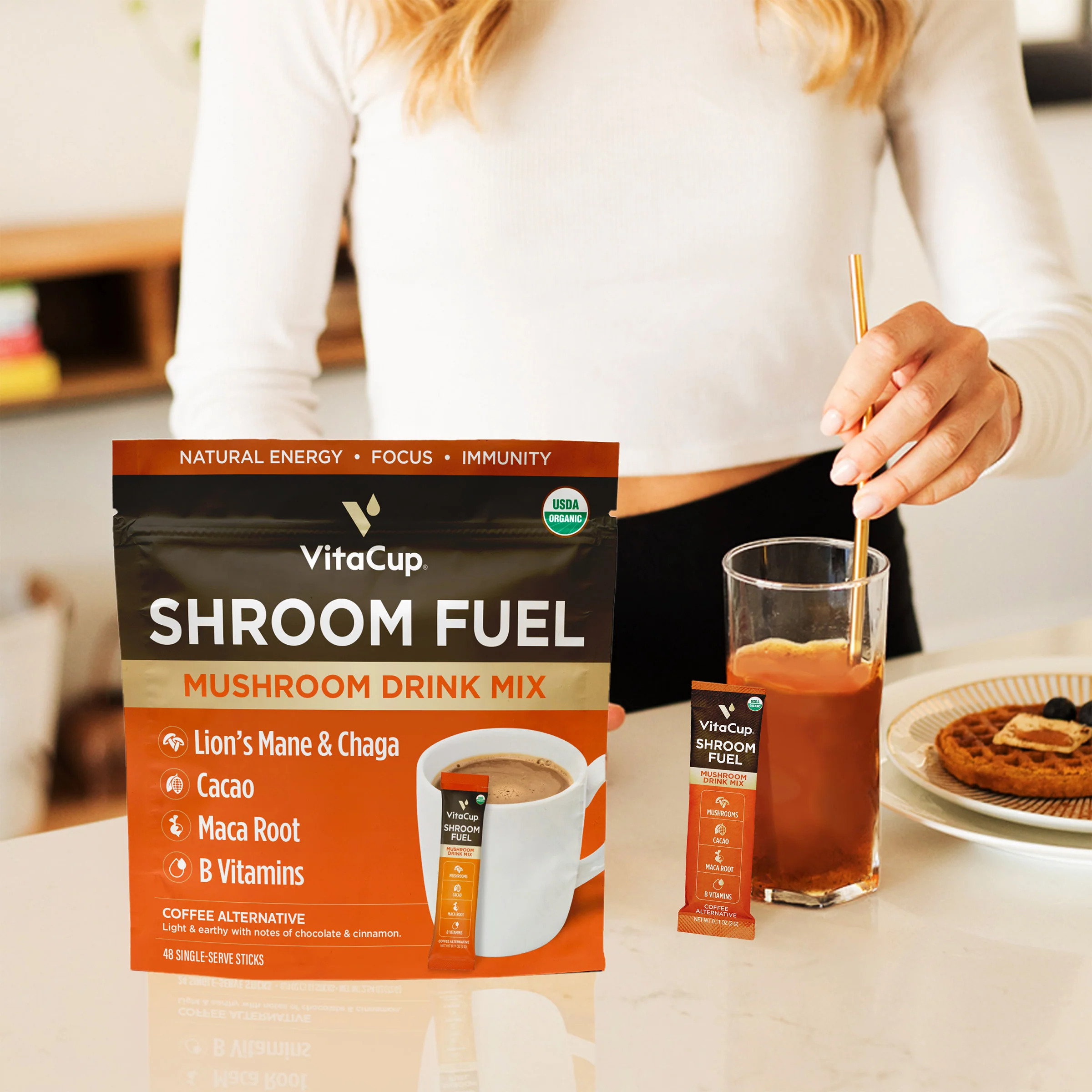 Shroom Fuel Mushroom Based Coffee Alternative Packets, 2-Pack, Total 48 Counts