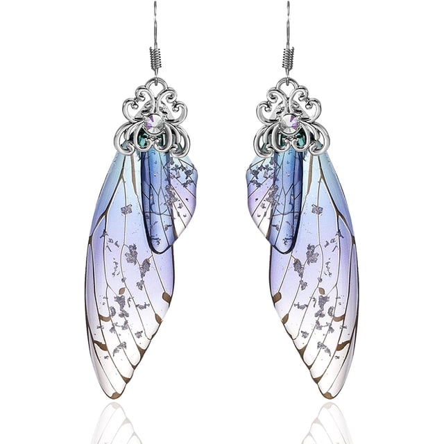 Butterfly Wing Drop Dangle Earrings Gold Plated Crystal Rhinestone for Women Girls Wedding Jewelry, Blue Silver Foil