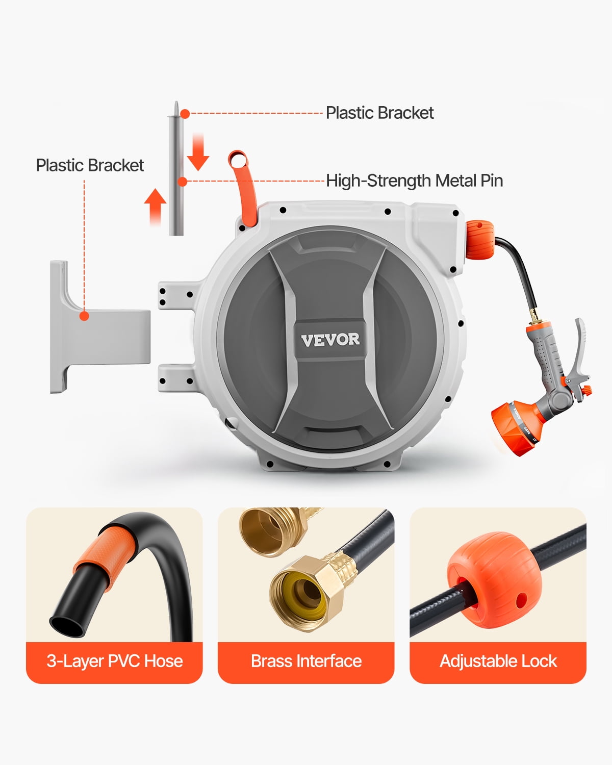 VEVOR Retractable Garden Hose Reel, 1/2 Inch x 84 ft Wall Mounted Hose Reel, Heavy Duty Garden Hose Reel with 9 Patterns Nozzle, Any Length Lock, Upgraded Slow Return System and 180°Swivel Bracket