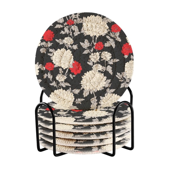 Japanese Style Floral Prints Drink Coasters with Holder Absorbent Coaster for Coffee Table Room Decor 6 Pack