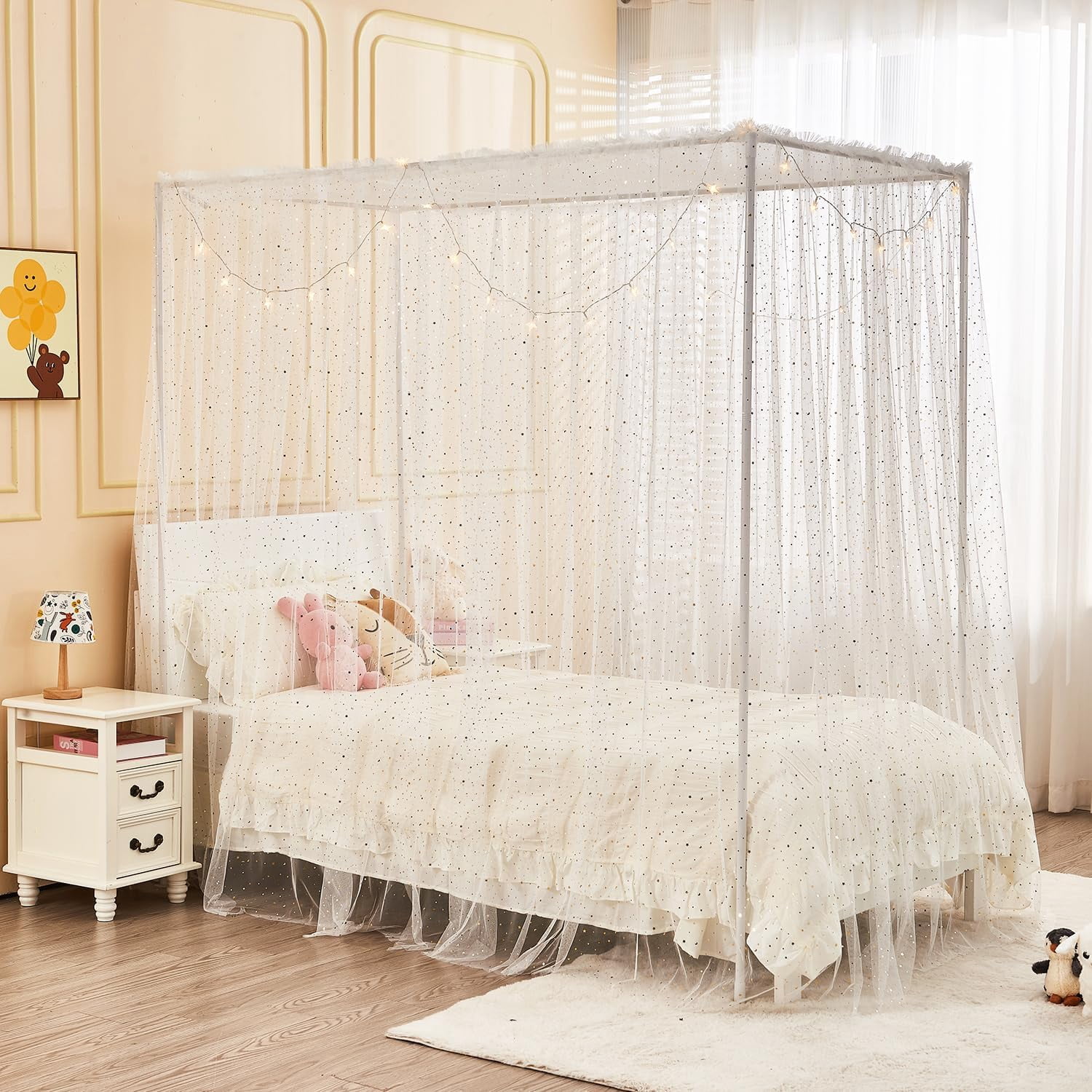 White Shiny Bed Canopy with Lights for Girls Kids, 4 Corner Post Moon Stars Sequin Princess Canopy Bed Curtains for Bedroom Decor (Twin, White)