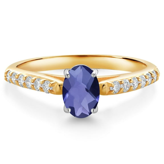 Gem Stone King 10K Two Tone Gold Blue Iolite and White Lab Grown Diamond Engagement Ring for Women (0.83 Cttw, Gemstone, Oval Checkerboard 7X5MM, Size 7)