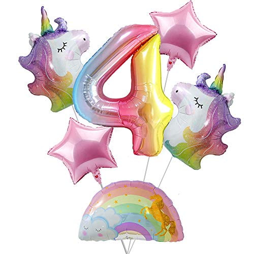 Unicorn Birthday Decorations for Girls 4th Birthday- Bouquet of Unicorn Balloons for Rainbow Unicorn Party Supplies (Number 4)