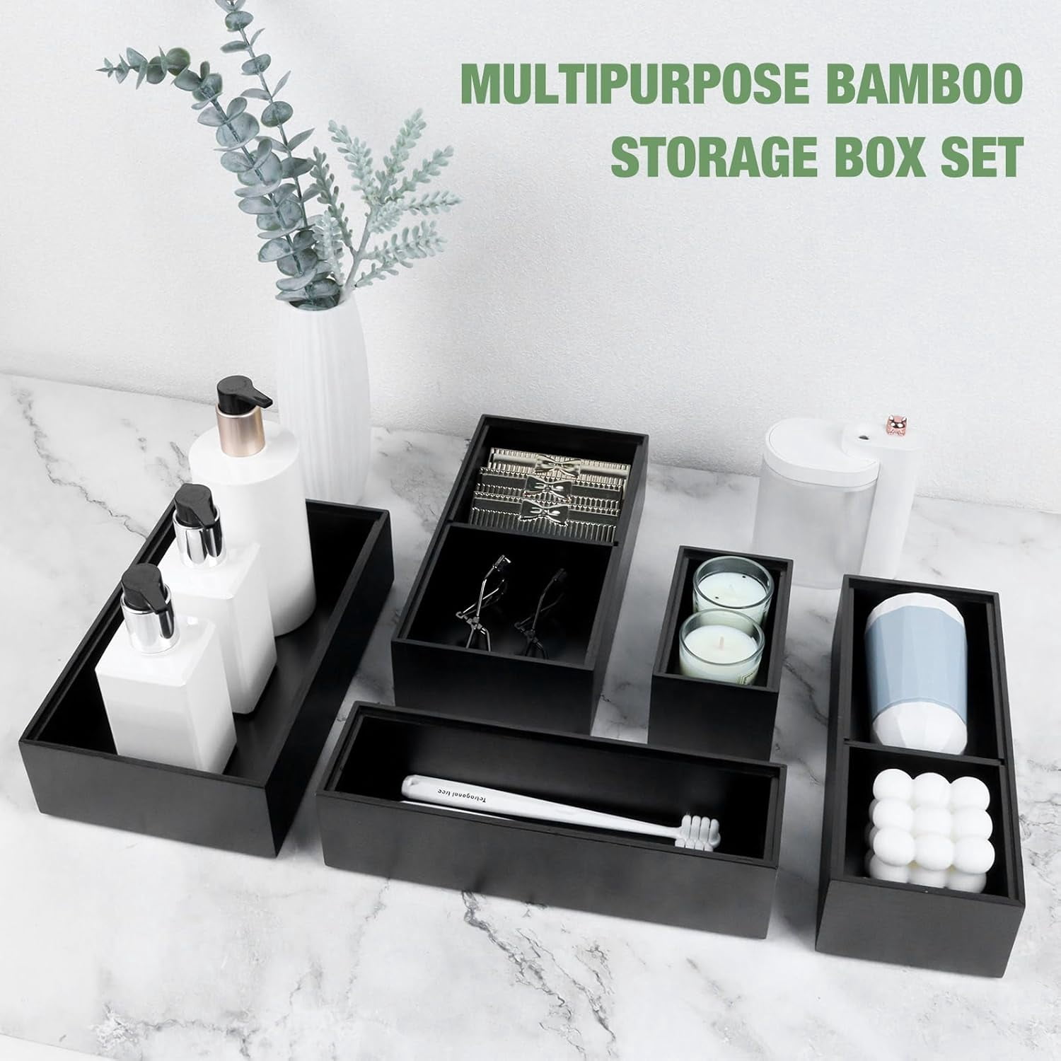 Bamboo Drawer Organizer,5 PCS Black Silverware Tray&Desk Organizers and Storage,Cabinet Divider With Removable Bathroom Organization for Kitchen,Utensils,Junk,Office,Makeup