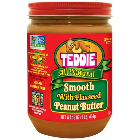 Teddie All Natural Vegan & Gluten-Free, Smooth Peanut Butter with Flaxseed, Regular Size 16 oz, 1 Jar