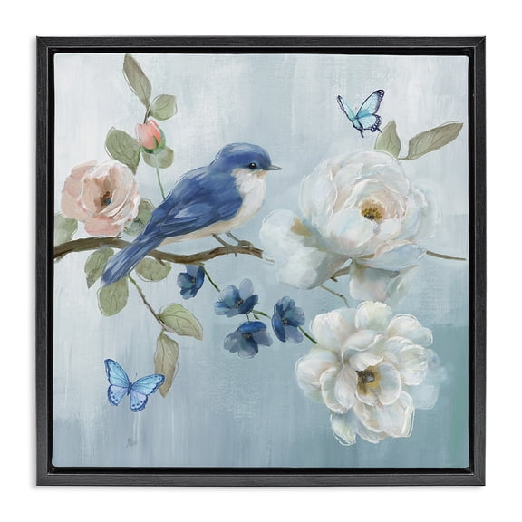 Stupell Industries Shabby Chic Blue Bird Tranquility Black Floating Frame Canvas Art, 18 x 18, by Nan