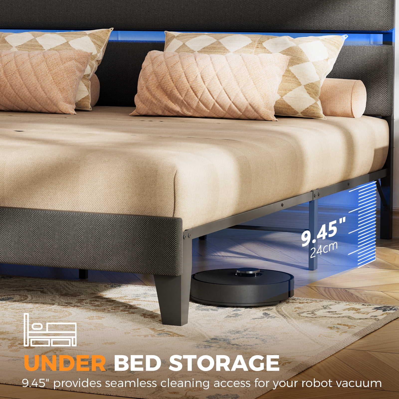 LUCKLIFE King Metal Bed Frame with Fabric Upholstered Headboard, No Box Spring Needed Noise Free, Gray