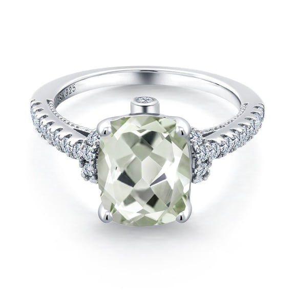 Gem Stone King 3.00 Cttw Green Prasiolite and White Created Sapphire Ring for Women | 925 Sterling Silver | Cushion Cut 10X8MM | Wedding Engagement Anniversary Promise Ring for Women | Size 5