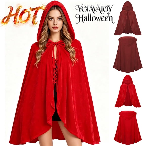YOIAVAIOY Long Velvet Hooded Cloak Halloween Witch Vampire Full Length Cosplay Cape Costume Red M