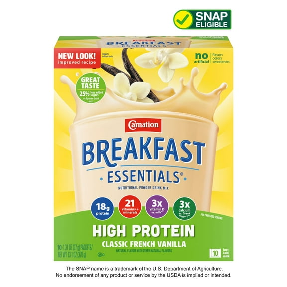 Carnation Breakfast Essentials Powder High Protein Nutritional Shake Drink Mix Packets, Classic French Vanilla Breakfast Shake, 10 Count