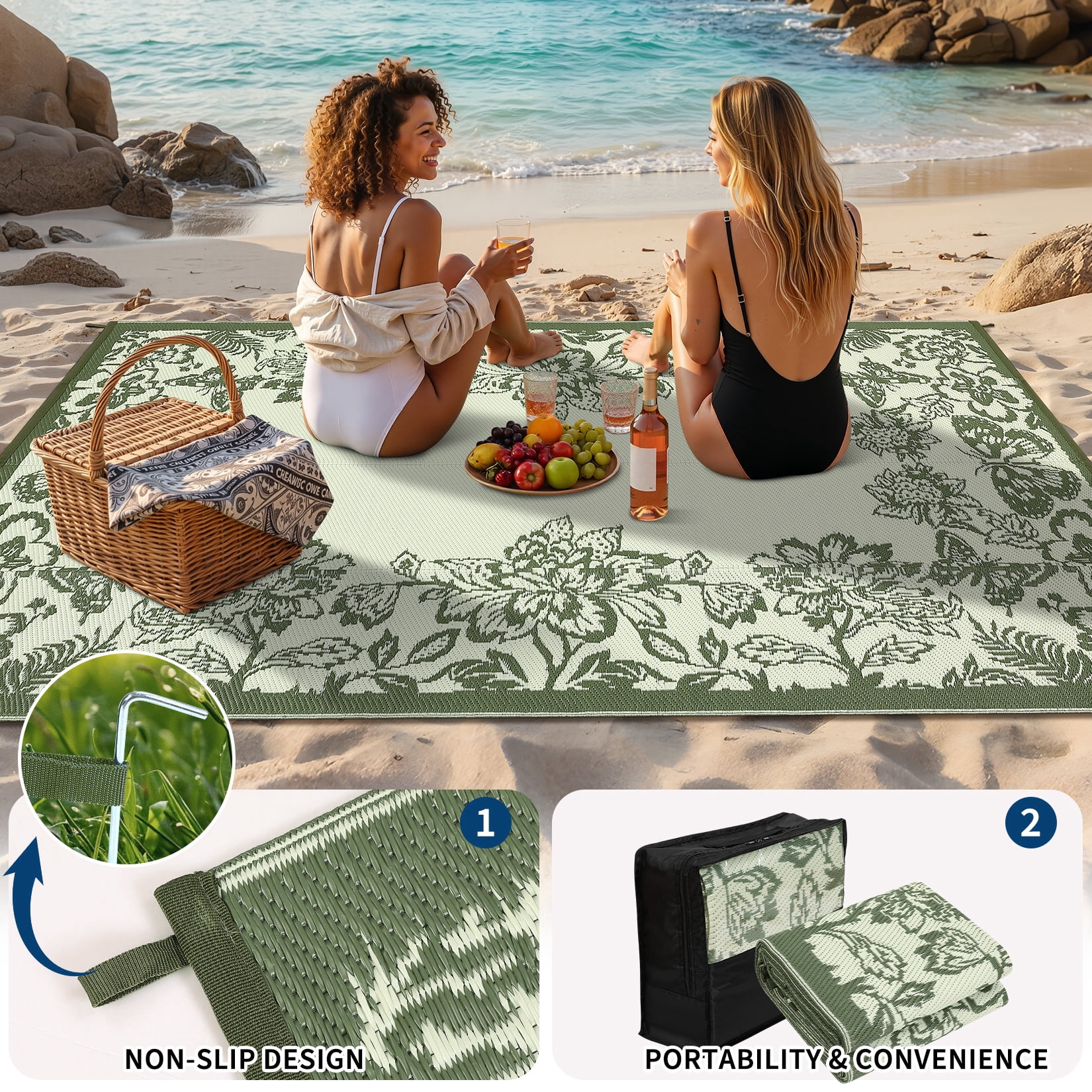 Nanan 9x18 Outdoor Rug, Plastic Straw Rug, Modern Waterproof Reversible Outdoor Patio Rugs for Camping Picnic Backyard Balcony, Green