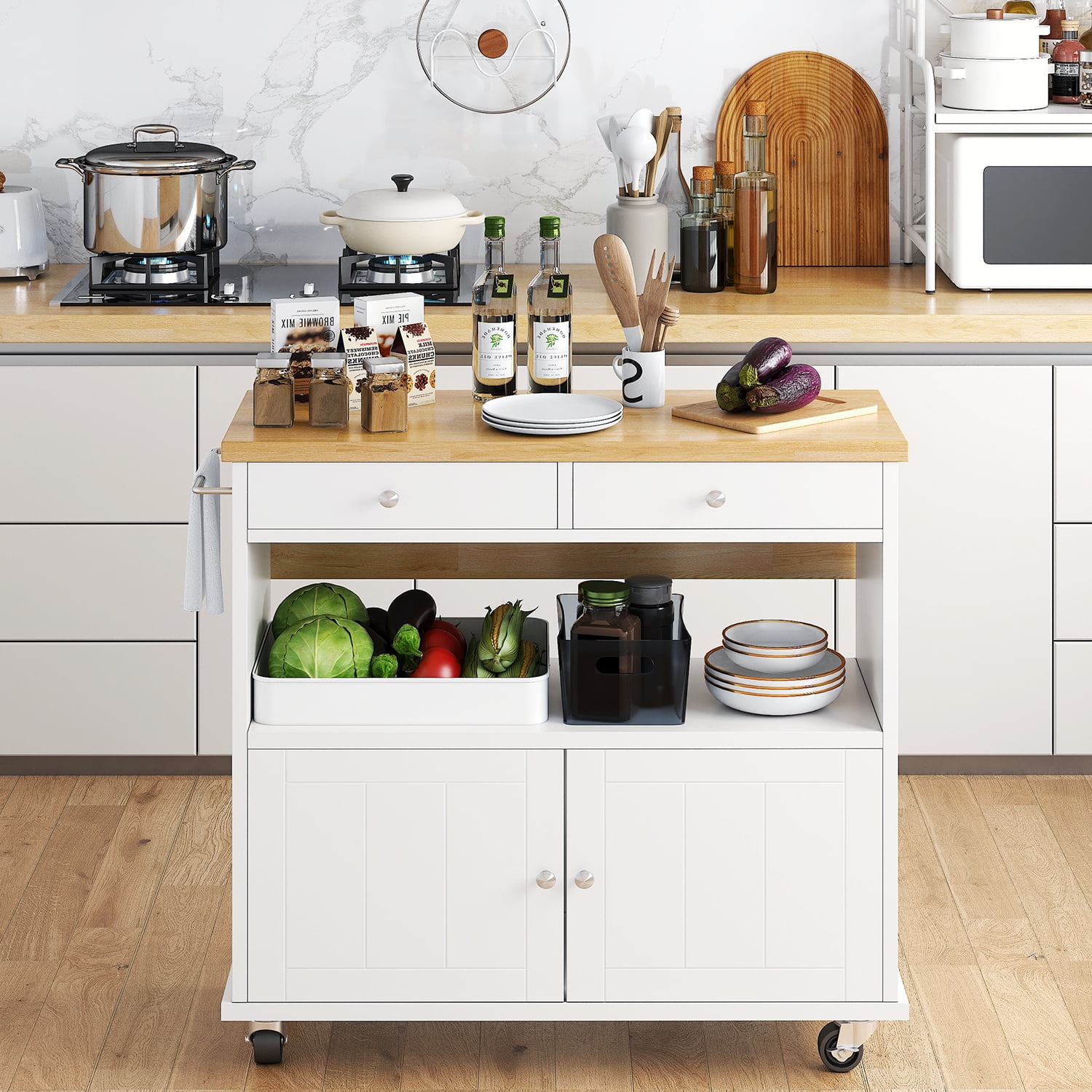 Rolling Kitchen Island with Folding Drop Leaf Top, Storage Cabinet & 2 Drawers, 35.4" W Kitchen Cart, Portable Mobile Kitchen Island with Lockable Wheels, Towel Rack and Adjustable Shelves, Blue