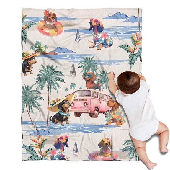 Dachshunds Tropical Beach Blanket,Comfortable Soft Lamb Wool Throw Blanket,All Season,Warm Lightweight Blankets for Sofa Bed Couch Living Room Chair,30"x40"