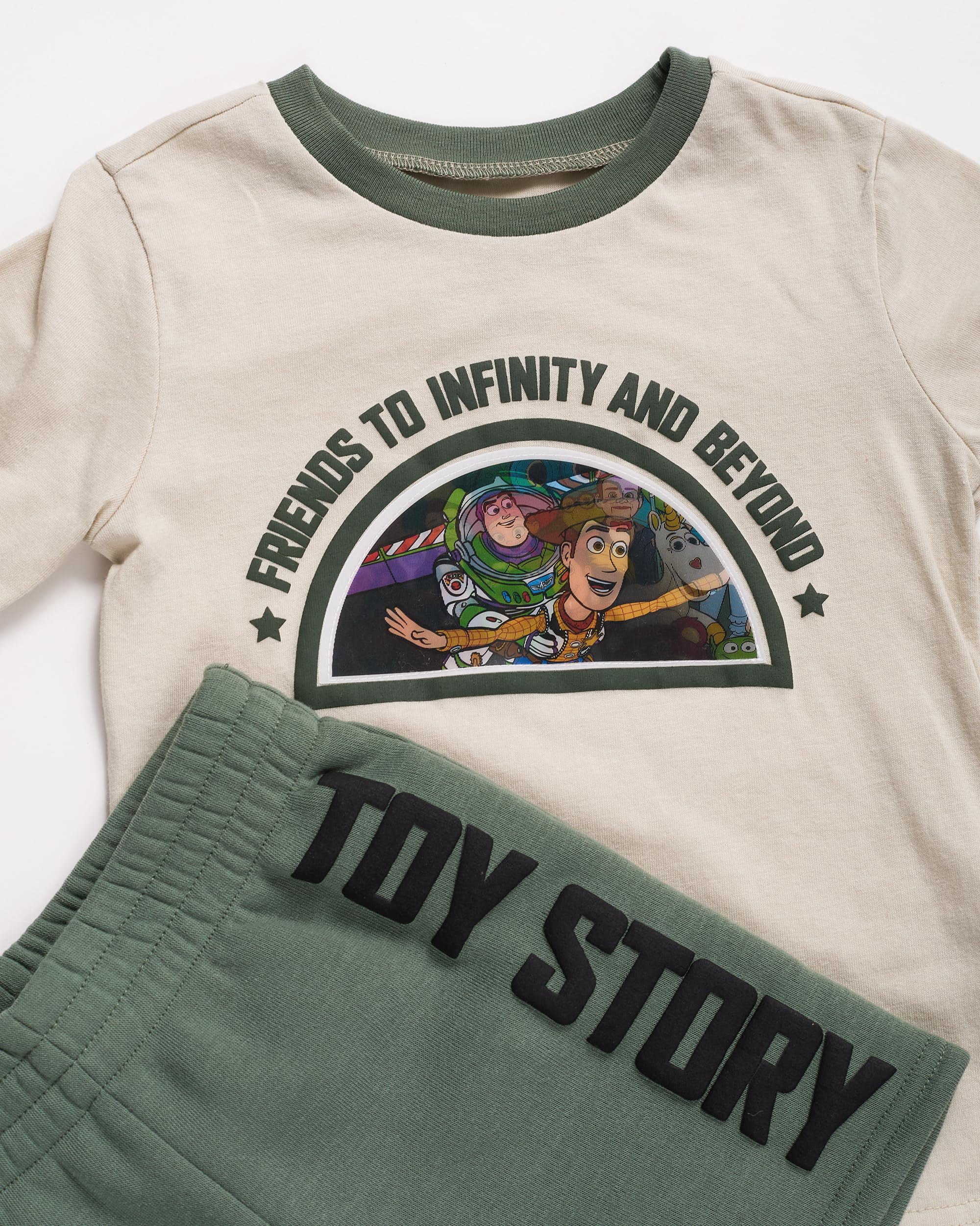 Disney Pixar Toy Story Outfit Boys' 2-Piece T Shirt & Short Set Toy Story Clothes for Boy, Buzz and Woody (Tan, 5)