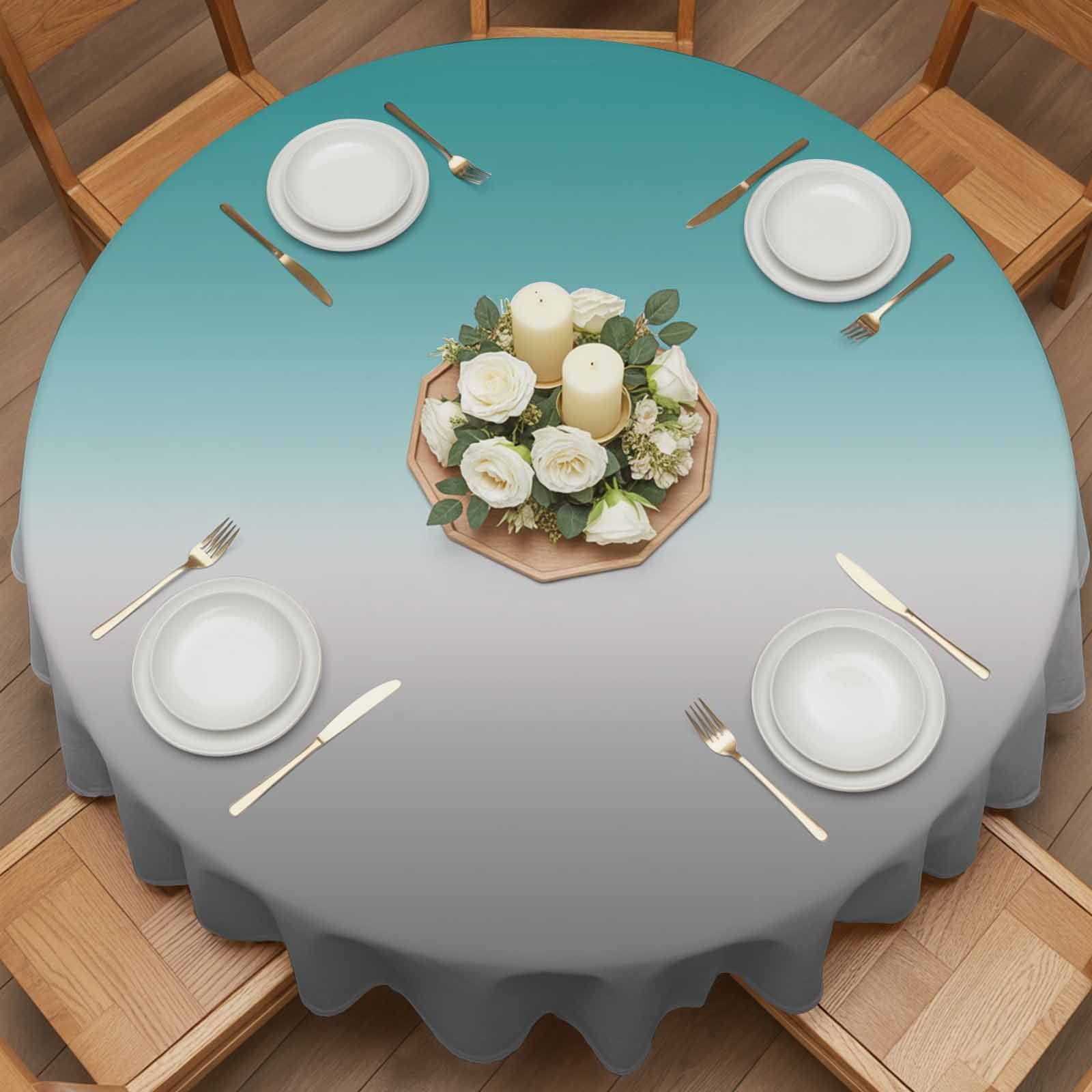 Round Tablecloth Turquoise Grey White Gradient Waterproof Oil Proof Polyester Table Cloth Cover Decor for Home Dining Outdoor,Patio,Parties, 54" Dia. Abstract Watercolor