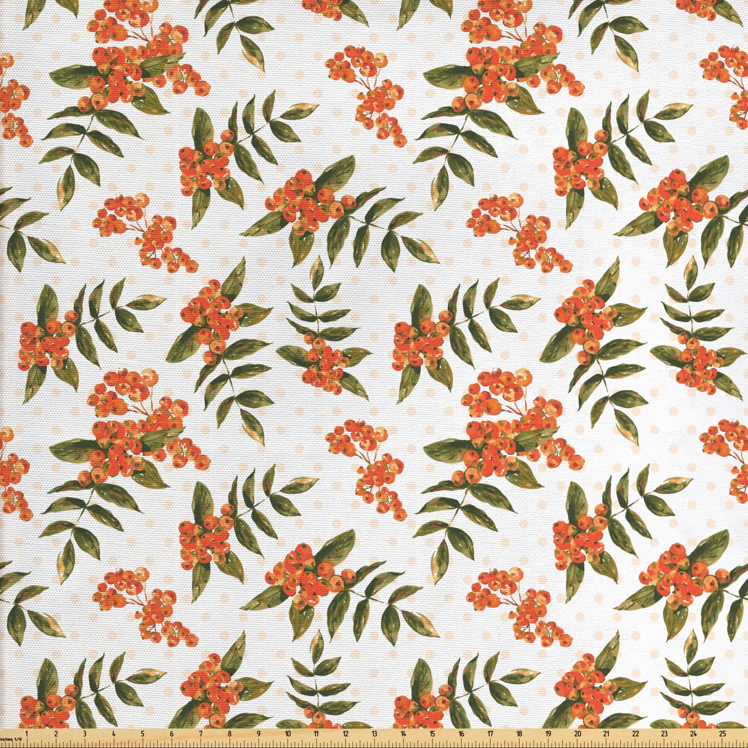 Rowan Fabric by The Yard, Botanical Foliage Nature Pattern with Berries on Soft Pink Dots