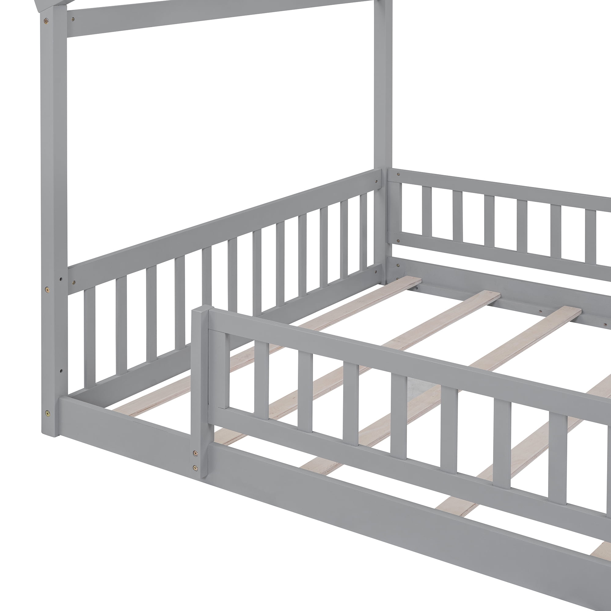 Bellemave Full Size House Floor Bed, Wooden Montessori Full Bed with Fence Railings and Support Slats, No Box Spring Needed (Gray)