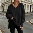 thumbnail image 4 of Vynhevius Women V‑Neck Sweatshirt Solid Long Sleeve Side Slit Drop Shoulder Loose Fall Winter Casual Pullover Top, 4 of 7