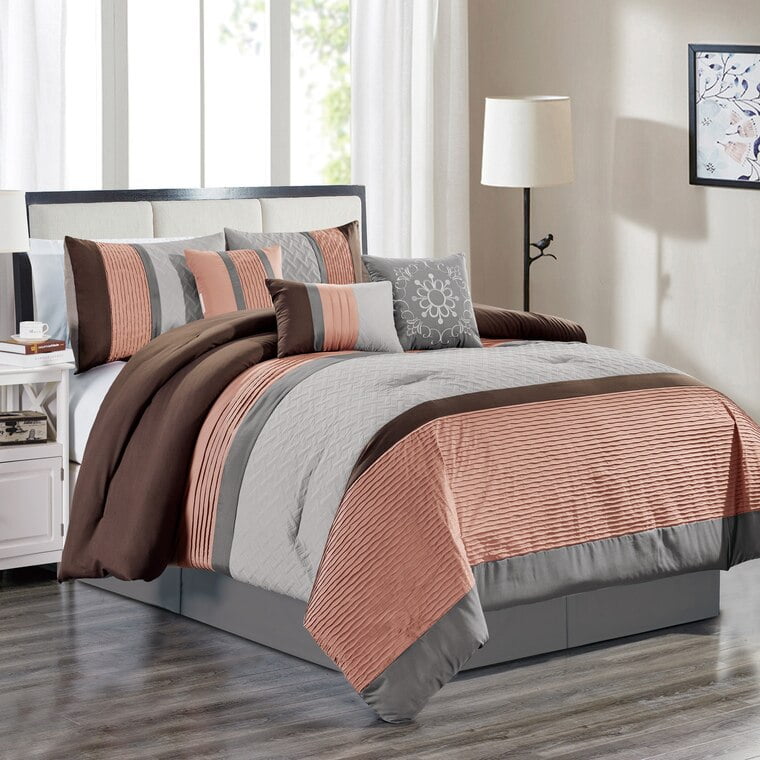 7 Piece Comforter Bedding Set Bed in A Bag - Peach, Gray Embossed ...