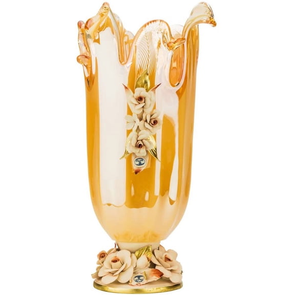White Crystal WVS1950/HNY, 14-Inch Yellow Murano/Honey Crystal Vase, Decorative Centerpiece Vintage Bud Vase on Porcelain Foot