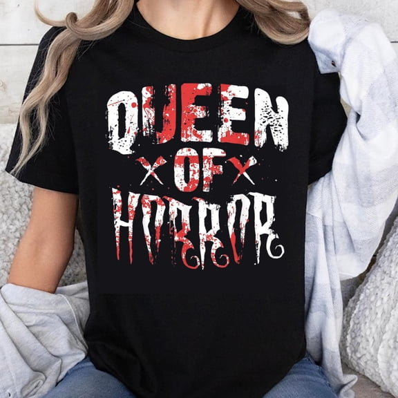 100% Cotton Queen Of Horror Halloween Shirt Women Black T-Shirt Spooky Graphic Tee For Horror Fans Costume Party Wear